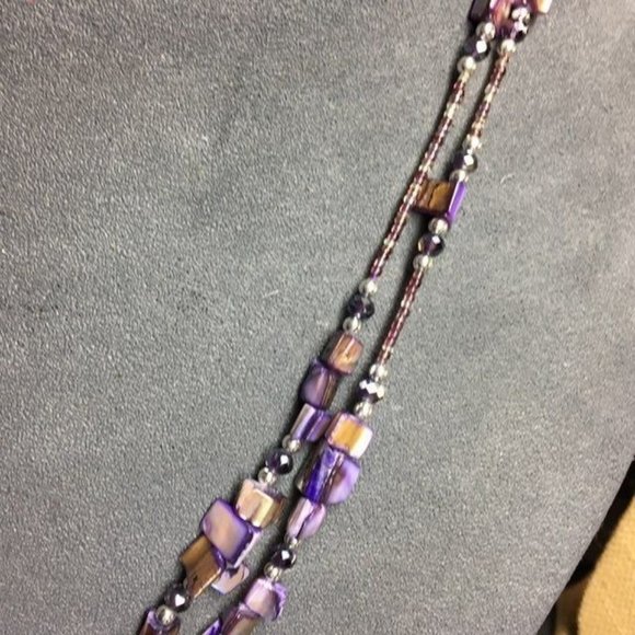 Long Double Strand Necklace Purple Mother Of Pearl Shell Silver Round Beach Retr - Picture 5 of 8